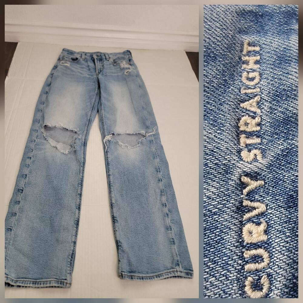 AMERICAN EAGLE Jeans SZ 4 Long Curvy Straight High Rise Distressed Y2K 90s